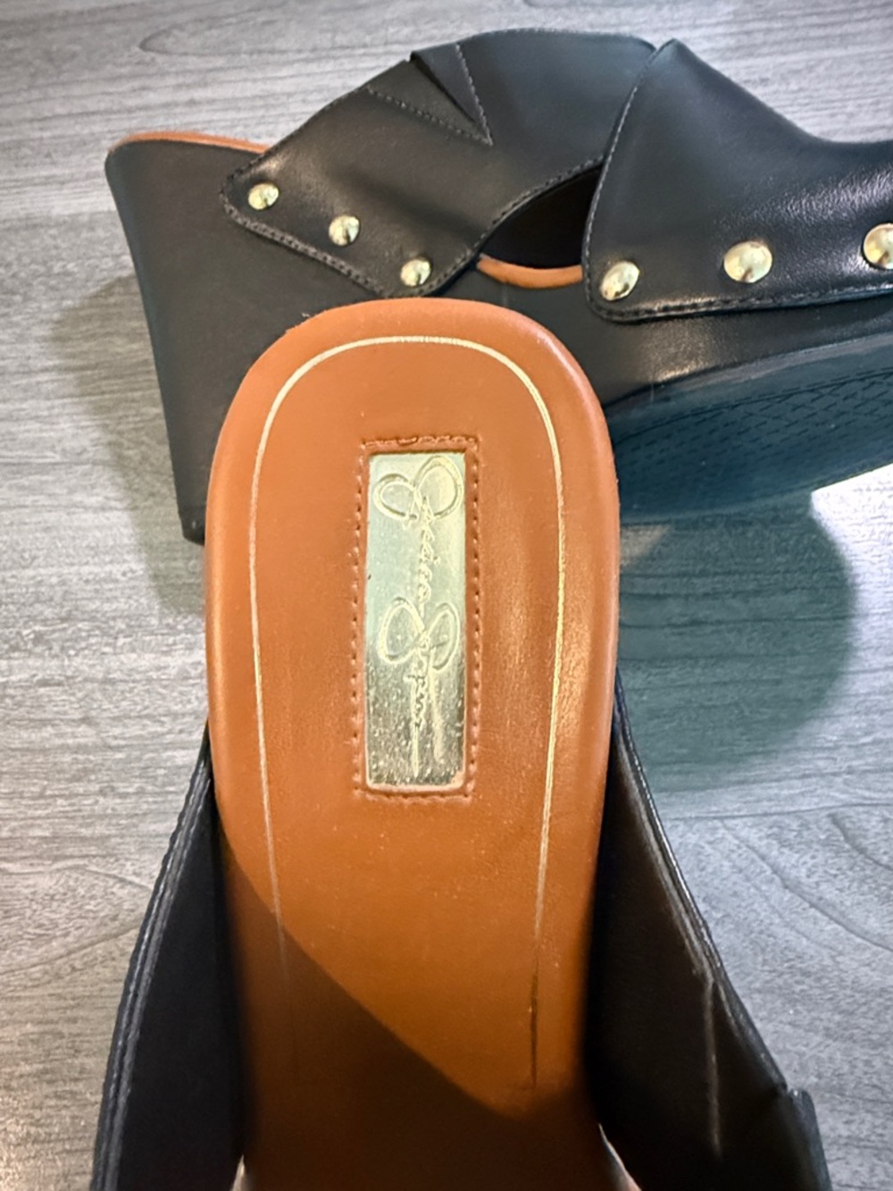 Jessica Simpson Black and Tan Crisscross Wedge Mule with Gold Studs - Picture 4 of 4